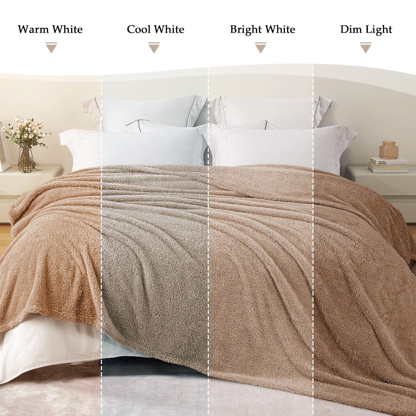 Exclusivo Mezcla Fuzzy Fleece Bed Blanket, Lightweight Fluffy Solid Velvet Blankets Queen Size, Suitable for All Seasons, 90x90 Inches, Camel