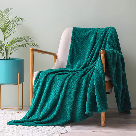 Exclusivo Mezcla Extra Large Flannel Fleece Throw Blanket, 50x70 Inches Leaves Pattern Soft Throw Blanket for Couch, Cozy, Warm, and Lightweight Blanket for Winter, Teal Blanket
