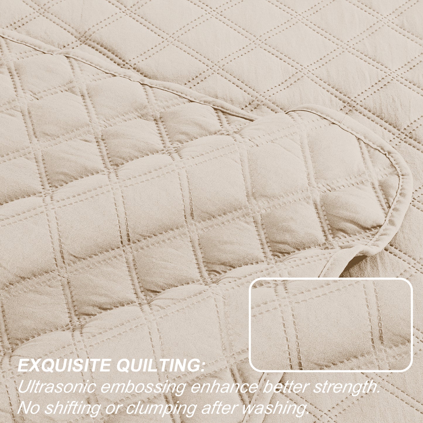 Exclusivo Mezcla 2-Piece Bone Twin Size Quilt Set, Box Pattern Ultrasonic Lightweight and Soft Quilts/Bedspreads/Coverlets/Bedding Set (1 Quilt, 1 Pillow Sham) for All Seasons