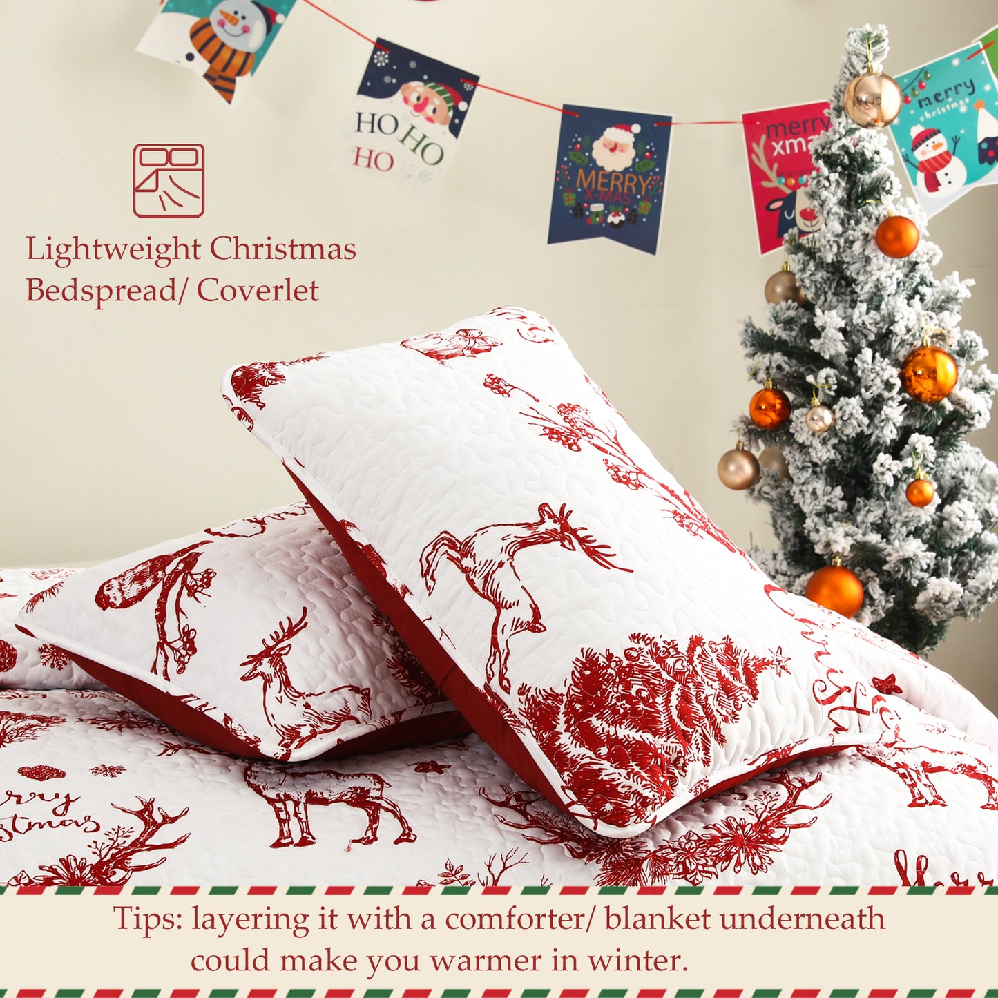 Exclusivo Mezcla Christmas Quilt Set King Size Bedding Set, Reversible White and Rust Red Bedspreads/ Coverlets with Christmas Trees Reindeer Wreaths Pattern, for Holiday Decoration and Gifts