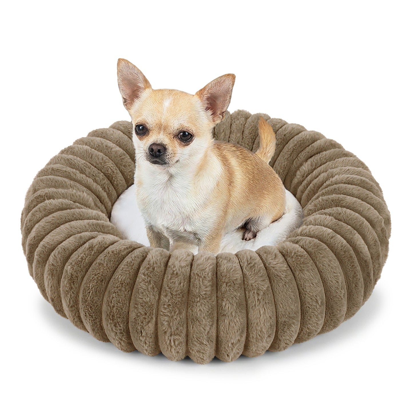 Exclusivo Mezcla Calming Donut Dog Bed, 20 inches Cozy Fluffy Faux Rabbit Fur Round Pet Bed, Machine Washable, Khaki