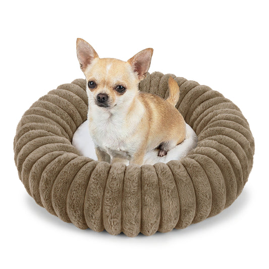 Exclusivo Mezcla Calming Donut Dog Bed, 20 inches Cozy Fluffy Faux Rabbit Fur Round Pet Bed, Machine Washable, Khaki