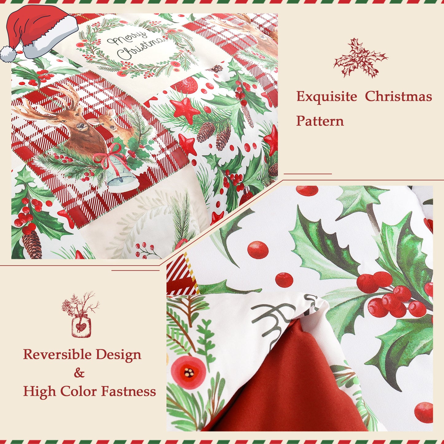 Exclusivo Mezcla Christmas Queen Size Comforter Set, 3 Pieces Reversible Rust Red Patchwork Bedding Comforters, Printed Reindeer Wreaths Pattern