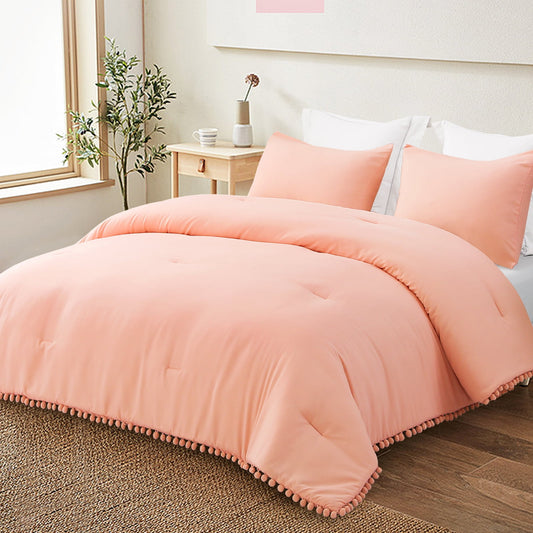 Exclusivo Mezcla Boho Pom Pom Ball Fringe King Size Comforter Set, 3 Piece Bright Pink Lightweight Down Alternative Bedding Comforter Sets for All Seasons (1 Comforter and 2 Pillowcases)