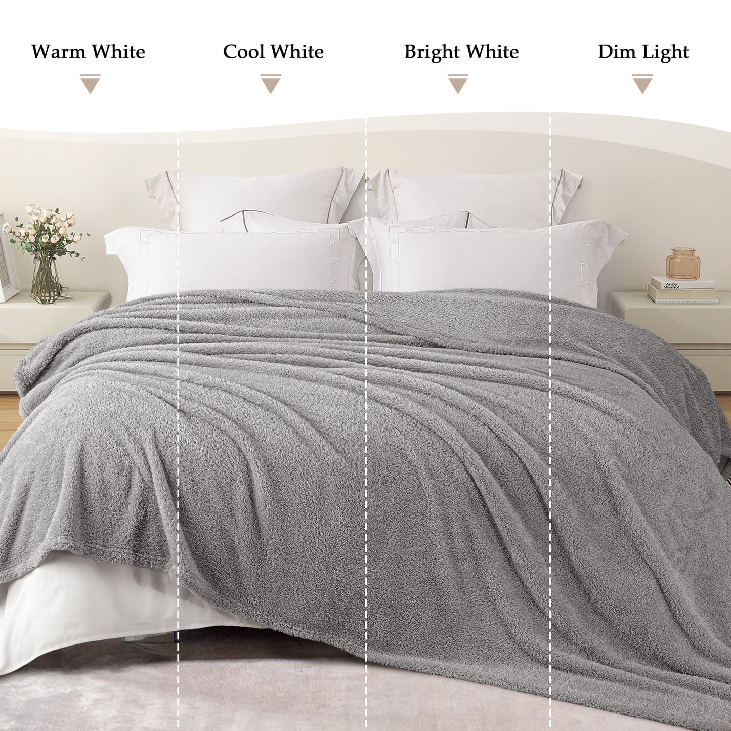 Exclusivo Mezcla Fuzzy Fleece Bed Blanket, Lightweight Fluffy Solid Velvet Blankets Queen Size, Suitable for All Seasons, 90x90 Inches, Light Grey