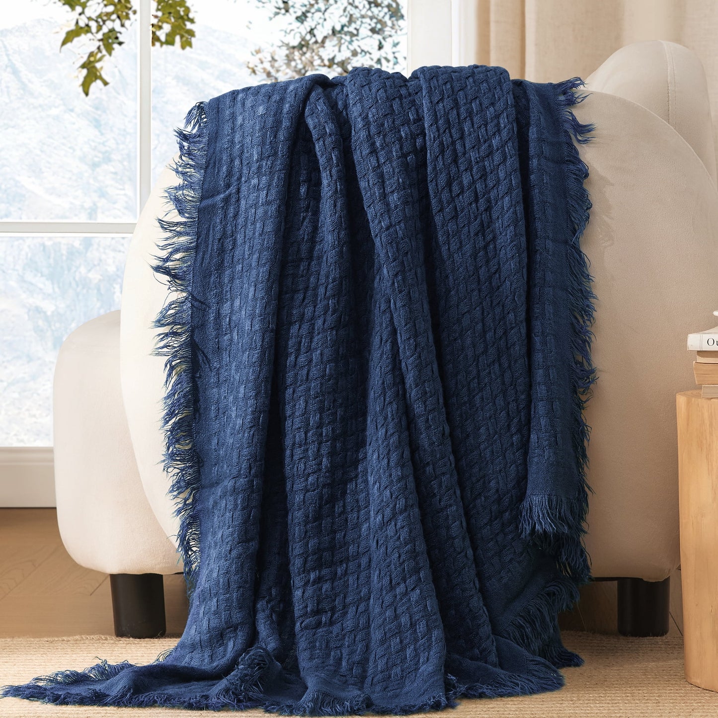 Exclusivo Mezcla Knitted Queen Size Blanket with Fringes for Bed, Soft and Warm Textured Blanket for All Season, Lightweight Breathable Living Room Bedding, Navy Blue, 90??x90??,Exclusivo Mezcla"