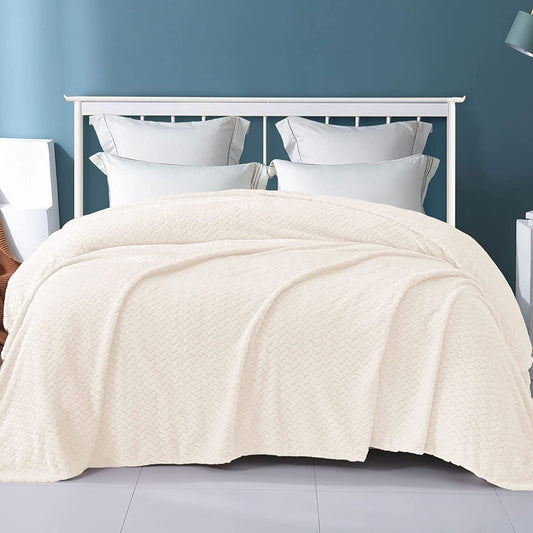 Exclusivo Mezcla Queen Size Flannel Fleece Blanket, 90x90 Inches Soft Jacquard Weave Leaves Pattern Velvet Plush Blanket for Bed, Cozy, Warm, Lightweight and Decorative Ivory Blanket