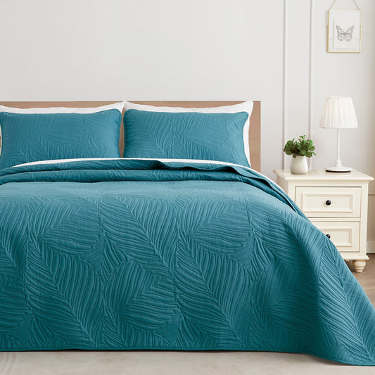 Exclusivo Mezcla Ultrasonic Full Queen Size Quilt Set Teal, 3 Pieces Lightweight Bedspread Leaf Pattern Bed Cover Soft Microfiber Coverlet Bedding Set for All Seasons