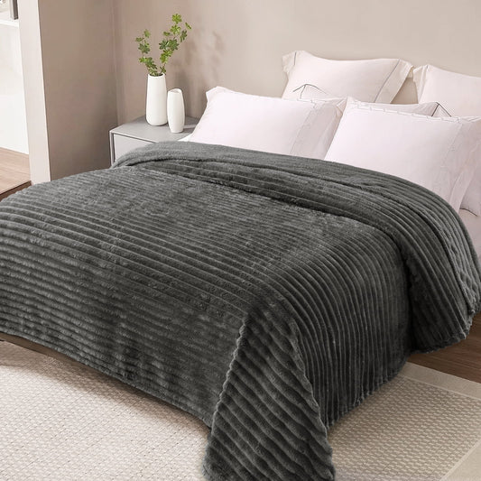 Exclusivo Mezcla King Size Flannel Fleece Blanket, Super Soft 3D Striped Jacquard Bed Blanket, Lightweight Fuzzy Cozy Blankets for All Seasons, 90x104 Inches, Dark Grey Blanket
