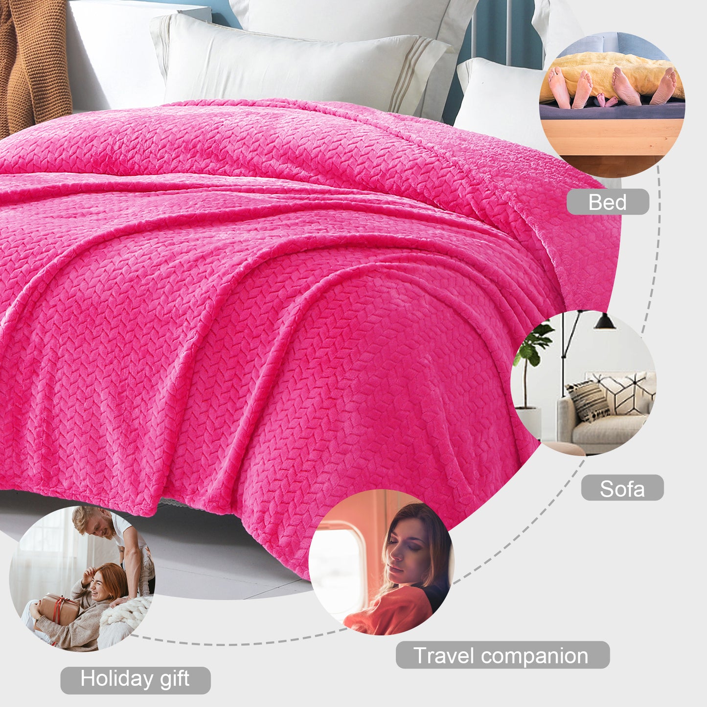 Exclusivo Mezcla Queen Size Flannel Fleece Blanket, 90x90 Inches Soft Jacquard Weave Leaves Pattern Velvet Plush Blanket for Bed, Cozy, Warm, Lightweight and Decorative Hot Pink Blanket