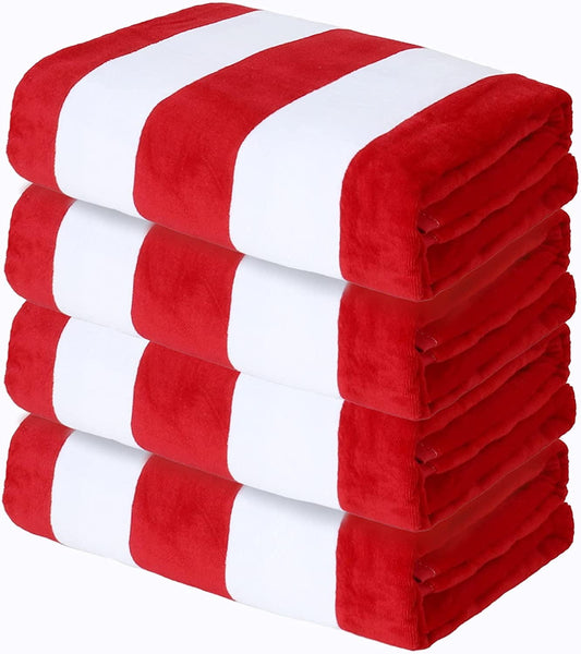 Exclusivo Mezcla 4-Pack Cotton Oversized 35"x70" Cabana Stripe Beach Towels, Super Absorbent Soft Plush Pool Towel, Bath Towel (Red)
