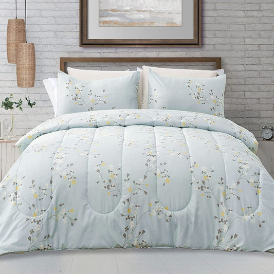 Exclusivo Mezcla 2-Piece Floral Twin Comforter Set, Microfiber Bedding Down Alternative Comforter for All Seasons with 1 Pillow Sham, Baby Blue
