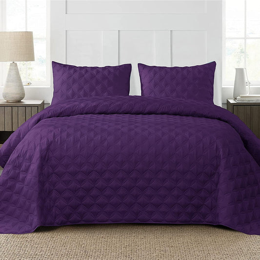 Exclusivo Mezcla Bed Quilt Set King Size for All Seasons, Stitched Pattern Quilted Bedspread/ Bedding Set/ Coverlet with 2 Pillow shams, Lightweight and Soft, Purple