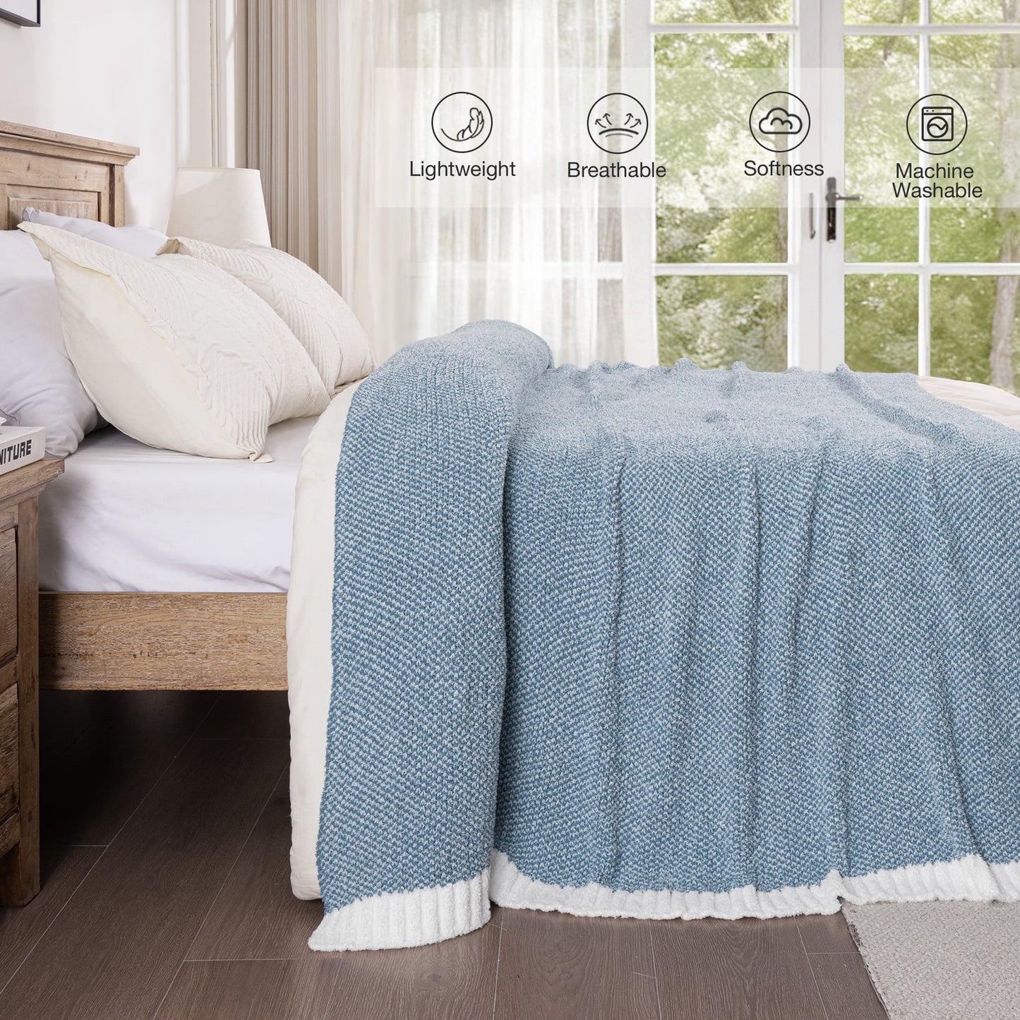 Exclusivo Mezcla Knit Blanket for Bed Queen Size, Ultra Soft Cozy Fluffy Blanket, Lightweight Fuzzy Throw for Couch and Bed, Mixed Blue, 90"x90"