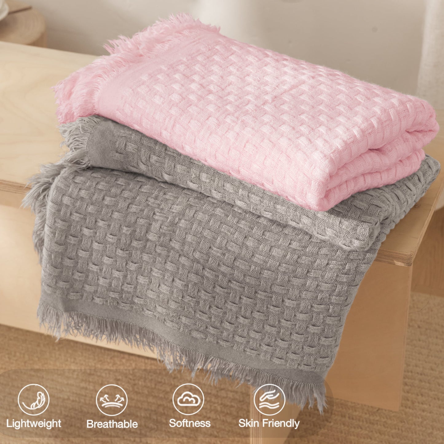 Exclusivo Mezcla Knitted Throw Blanket with Fringes for Couch, Soft and Warm Textured Throw for All Season, Lightweight Breathable Room Decor, Pink, 50??x60??,Exclusivo Mezcla"