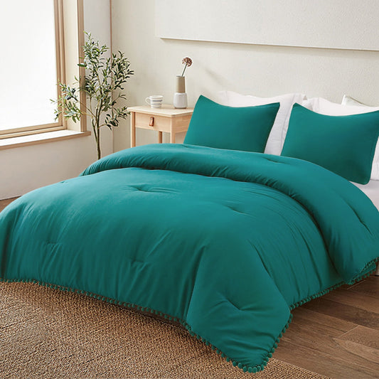 Exclusivo Mezcla Boho Pom Pom Ball Fringe Queen Comforter Set, 3 Piece Dusty Teal Lightweight Down Alternative Bedding Comforter Sets for All Seasons (1 Comforter and 2 Pillowcases)