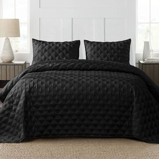 Exclusivo Mezcla Bed Quilt Set Twin Size for All Seasons, Stitched Pattern Quilted Bedspread/ Bedding Set/ Coverlet with 1 Pillow sham, Lightweight and Soft, Black
