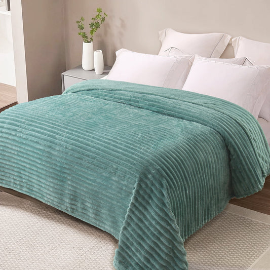 Exclusivo Mezcla King Size Flannel Fleece Blanket, Super Soft 3D Striped Jacquard Bed Blanket, Lightweight Fuzzy Cozy Blankets for All Seasons, 90x104 Inches, Celadon Blanket