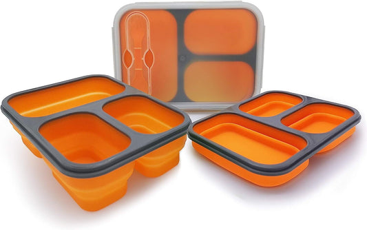 Exclusivo Mezcla Collapsible Bento Lunch Box (1pcs) for Kids & Adult With Spork & Leakproof Lid, BPA Free, Silicone Bento Box Space Saving Food Storage Containers with 3 Compartments - Orange
