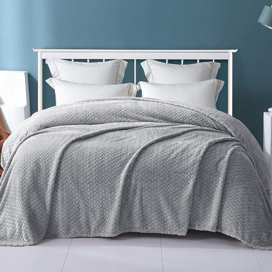Exclusivo Mezcla King Size Jacquard Weave Leaves Pattern Flannel Fleece Velvet Plush Bed Blanket for Couch Bed Sofa (90" x 104", Light Grey) - Soft, Lightweight, Warm and Cozy