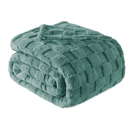 Exclusivo Mezcla Queen Size Flannel Fleece Blanket, Super Soft 3D Checkered Jacquard Bed Blanket, Cozy Fluffy Lightweight Blanket for All Seasons, 90x90 Inches, Celadon Blanket
