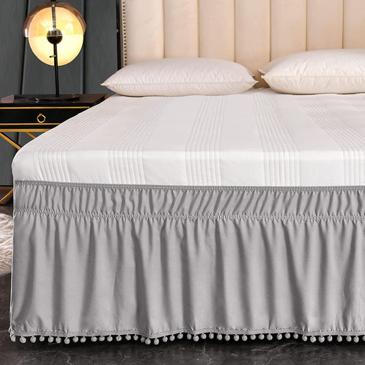 Exclusivo Mezcla Microfiber Pom Pom Bed Skirt with Adjustable Elastic Belt, Easy Wrap Around Dust Ruffles with 16 Inch Tailored Drop, Wrinkle and Fade Resistant, (Full, Light Grey)