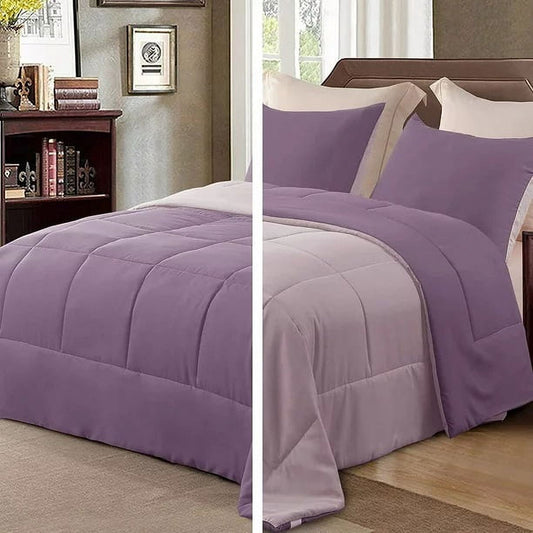 Exclusivo Mezcla Lightweight Reversible 3-Piece Comforter Set All Seasons, Down Alternative Comforter with 2 Pillow Shams, Queen Size, Dusty Lavender/ Lilac Ash