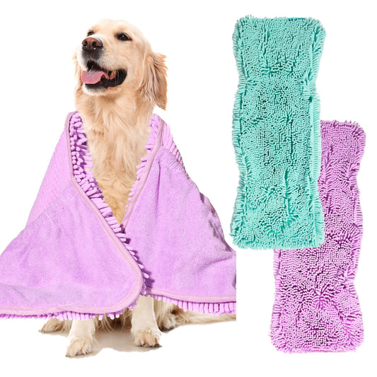 2 Pack Luxury Absorbent Dog Towels, (35"x15") Extra Large Microfiber Quick Drying Dog Shammy with Hand Pockets Pet Towel for Dog and Cat, Machine Washable (Lilac+Aqua)