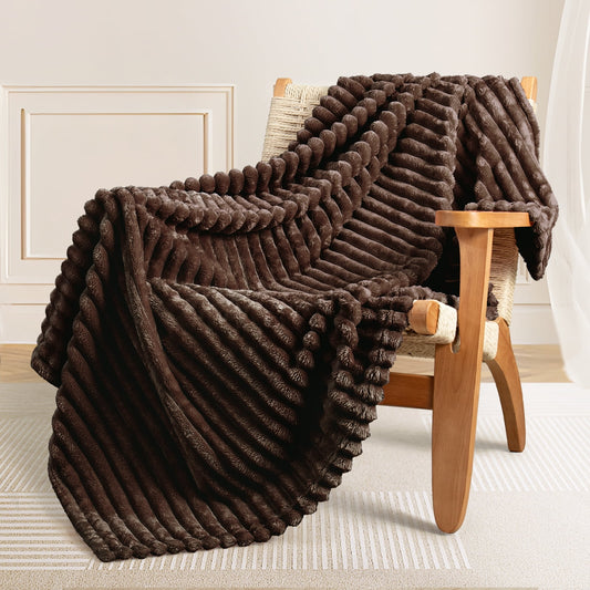 Exclusivo Mezcla Fleece Throw Blanket for Couch, Super Soft 3D Striped Jacquard Bed Blanket, Lightweight Fuzzy Cozy Blankets for All Seasons, 50x60 Inches, Coffee Blanket