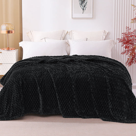 Exclusivo Mezcla Twin Size Flannel Fleece Blanket, 60x80 Inches Stylish Jacquard Velvet Plush Blanket for Bed, Cozy, Warm, Lightweight and Decorative Black Blanket