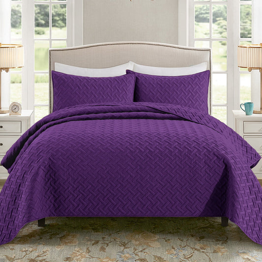 Exclusivo Mezcla 3-Piece Deep Purple Queen Size Quilt Set, Weave Pattern Ultrasonic Lightweight and Soft Quilts/Bedspreads/Coverlets/Bedding Set (1 Quilt, 2 Pillow Shams) for All Seasons