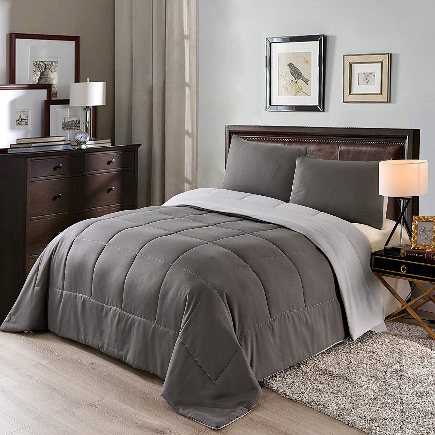Exclusivo Mezcla Lightweight Reversible 3-Piece Comforter Set All Seasons, Down Alternative Comforter with 2 Pillow Shams, King Size, Grey