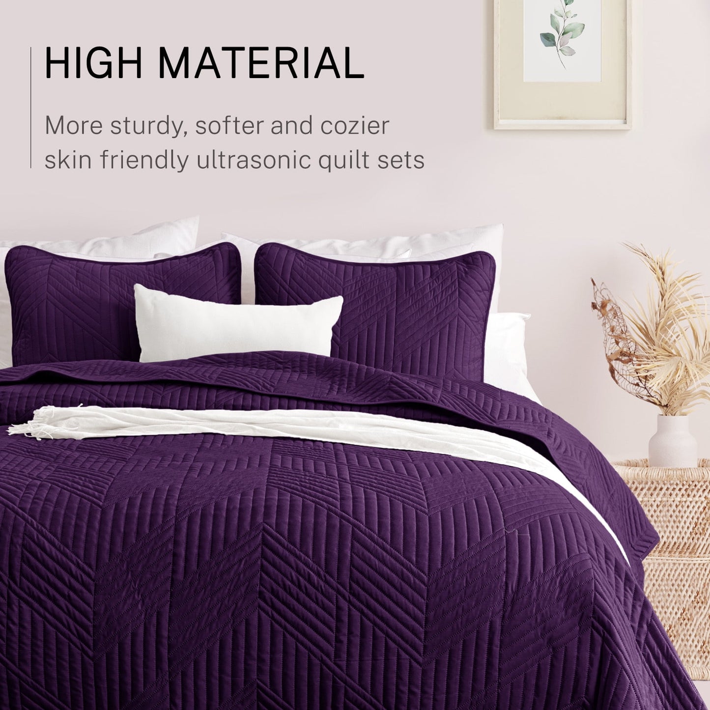 Exclusivo Mezcla Ultrasonic Full Queen Quilt Bedding Set, Lightweight Deep Purple Bedspreads Soft Modern Geometric Coverlet Set for All Seasons (1 Quilt and 2 Pillow Shams)