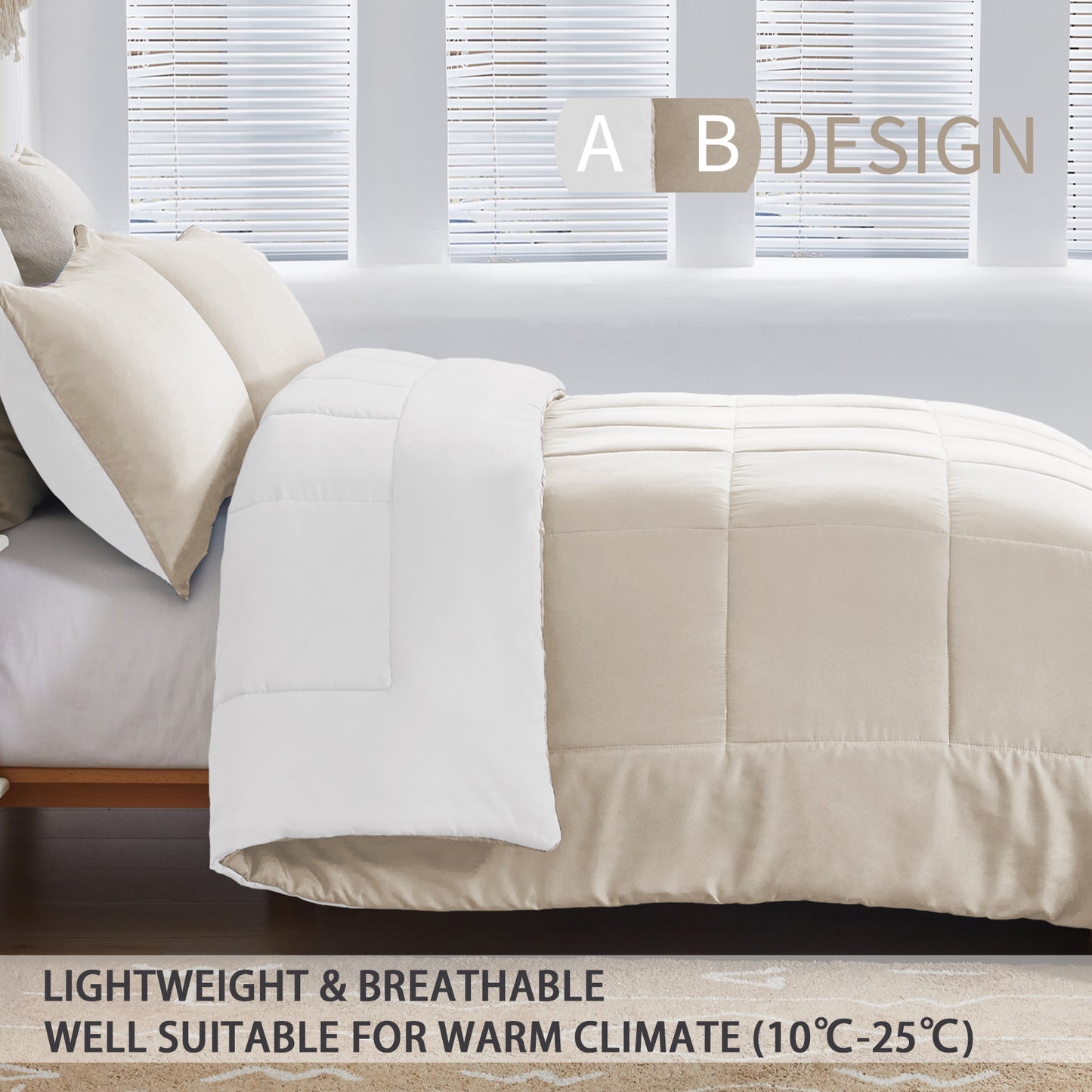 Exclusivo Mezcla Lightweight Reversible 3-Piece Comforter Set All Seasons, Down Alternative Comforter with 2 Pillow Shams, Queen Size, Beige/White