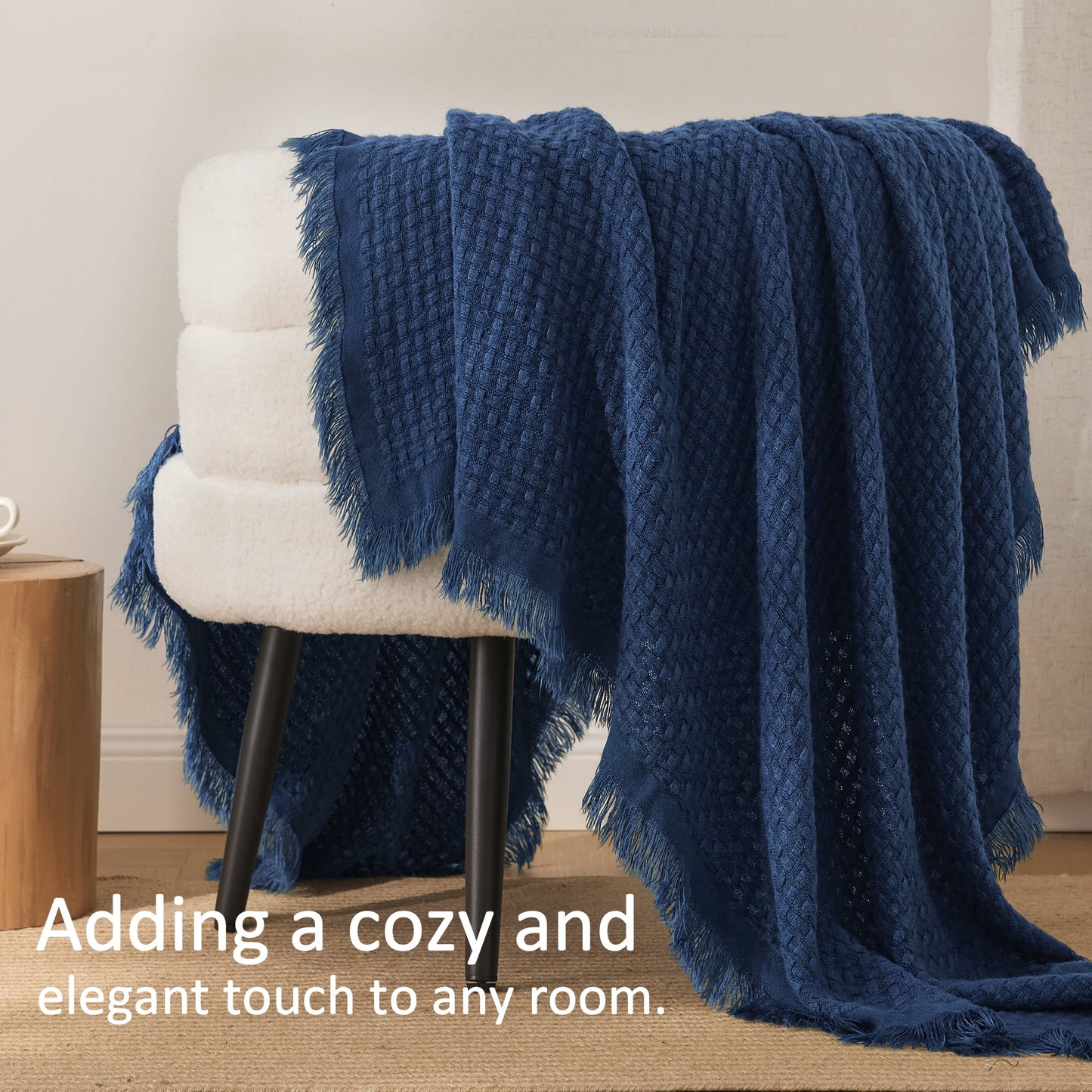 Exclusivo Mezcla Knitted Queen Size Blanket with Fringes for Bed, Soft and Warm Textured Blanket for All Season, Lightweight Breathable Living Room Bedding, Navy Blue, 90??x90??,Exclusivo Mezcla"