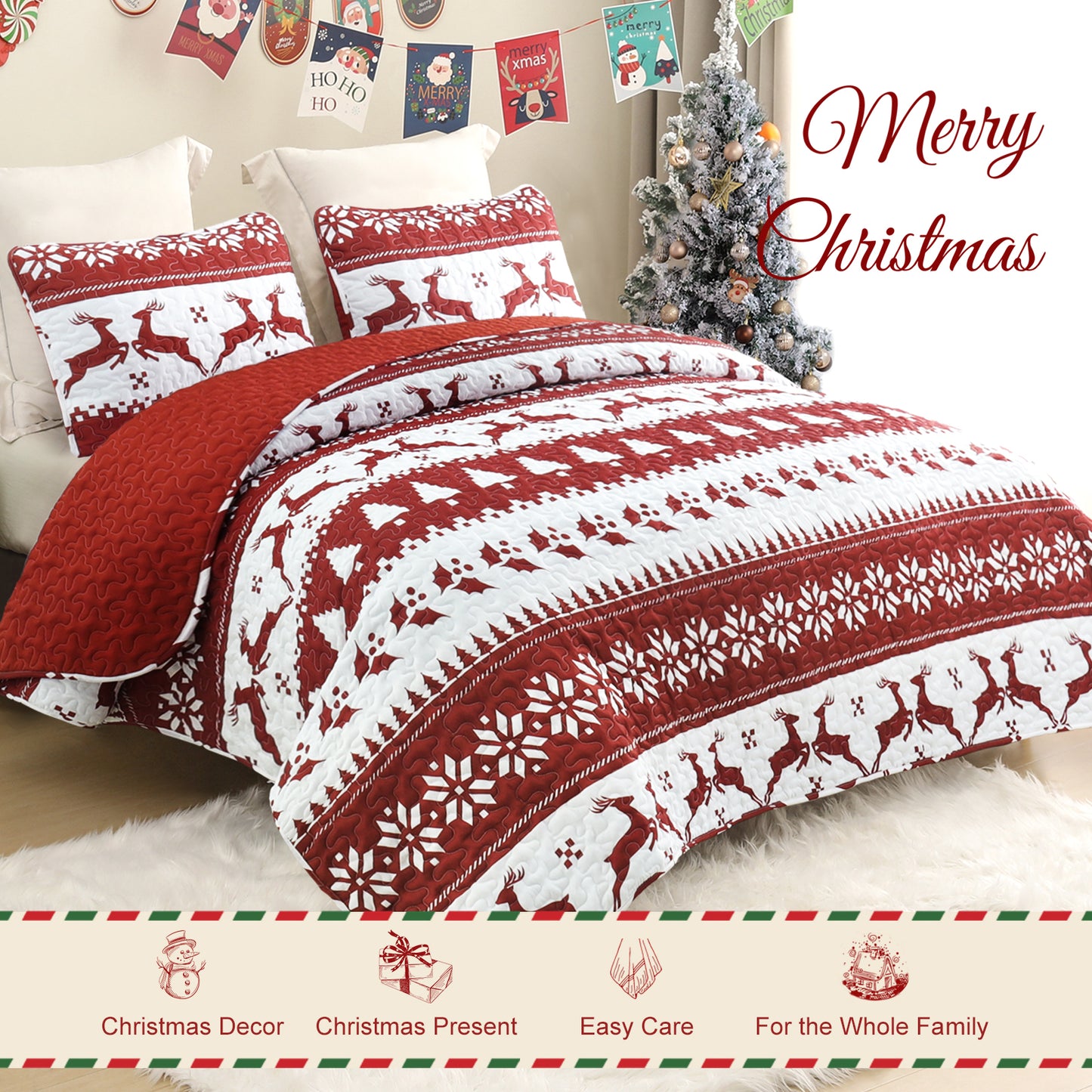 Exclusivo Mezcla Christmas Quilt Queen Size, White and Rust Red Striped Bedspreads Reversible Coverlets Bedding Set with Printed Reindeer Snowflakes Pattern (1 Quilt, 2 Pillow Shams)
