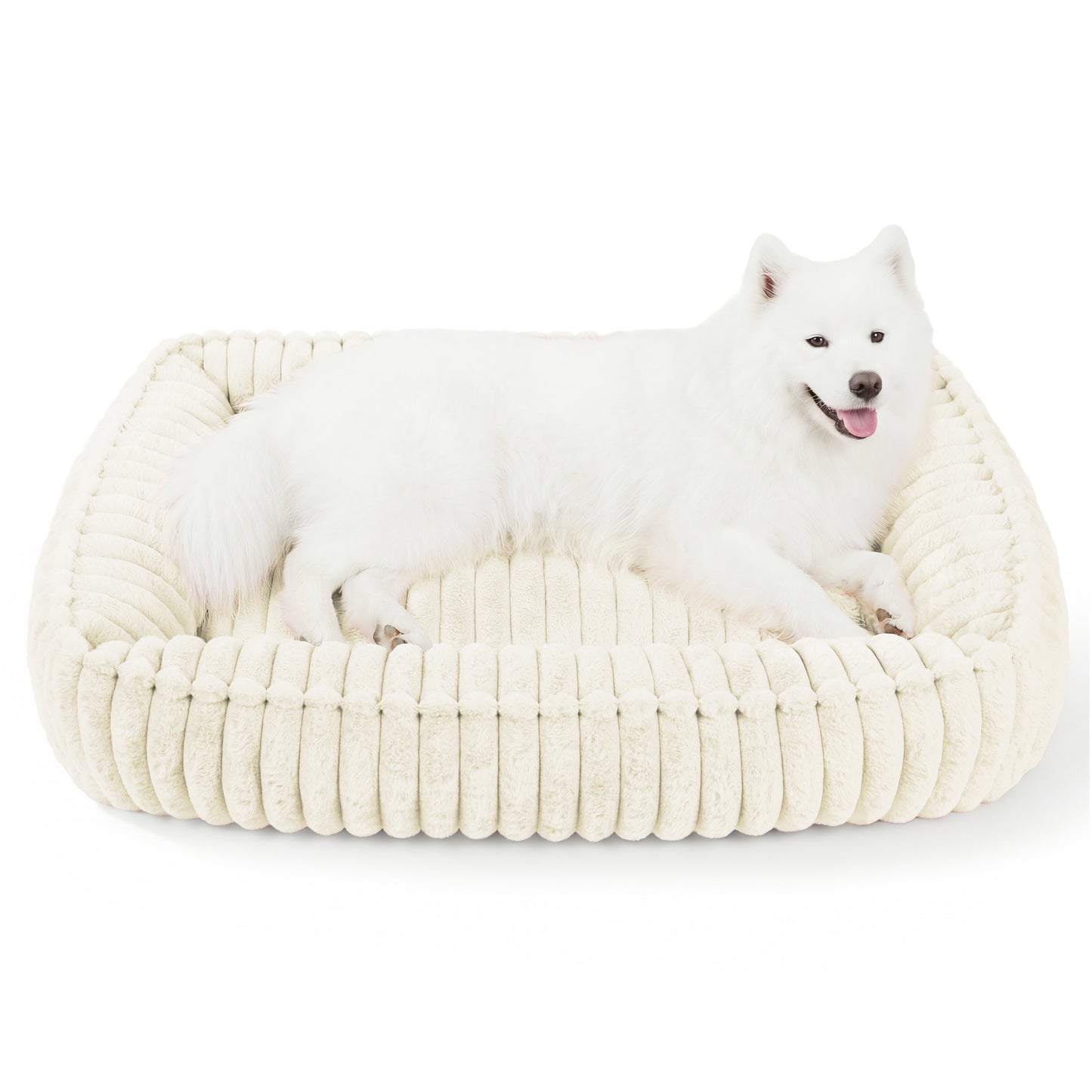 Exclusivo Mezcla Ribbed Plush Cuddler Dog Bed, 36"x28" Calming Pet Bed with Non-Slip Bottom for Large Dogs, Machine Washable, Ivory
