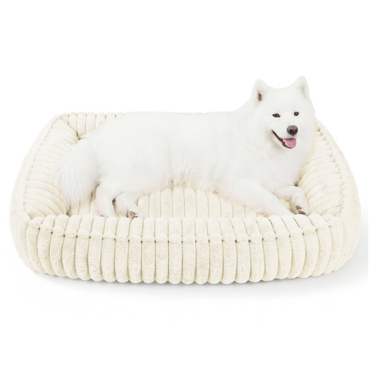 Exclusivo Mezcla Ribbed Plush Cuddler Dog Bed, 36"x28" Calming Pet Bed with Non-Slip Bottom for Large Dogs, Machine Washable, Ivory