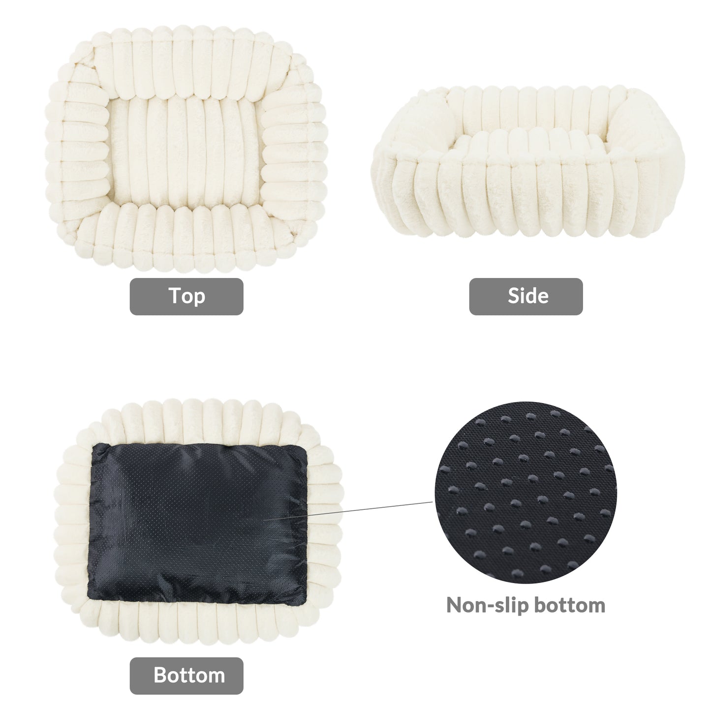 Exclusivo Mezcla Ribbed Plush Cuddler Dog Bed, 36"x28" Calming Pet Bed with Non-Slip Bottom for Large Dogs, Machine Washable, Ivory