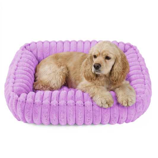 Exclusivo Mezcla Ribbed Plush Cuddler Dog Bed, 32"x24" Calming Pet Bed with Non-Slip Bottom for Medium Dogs, Machine Washable, Purple