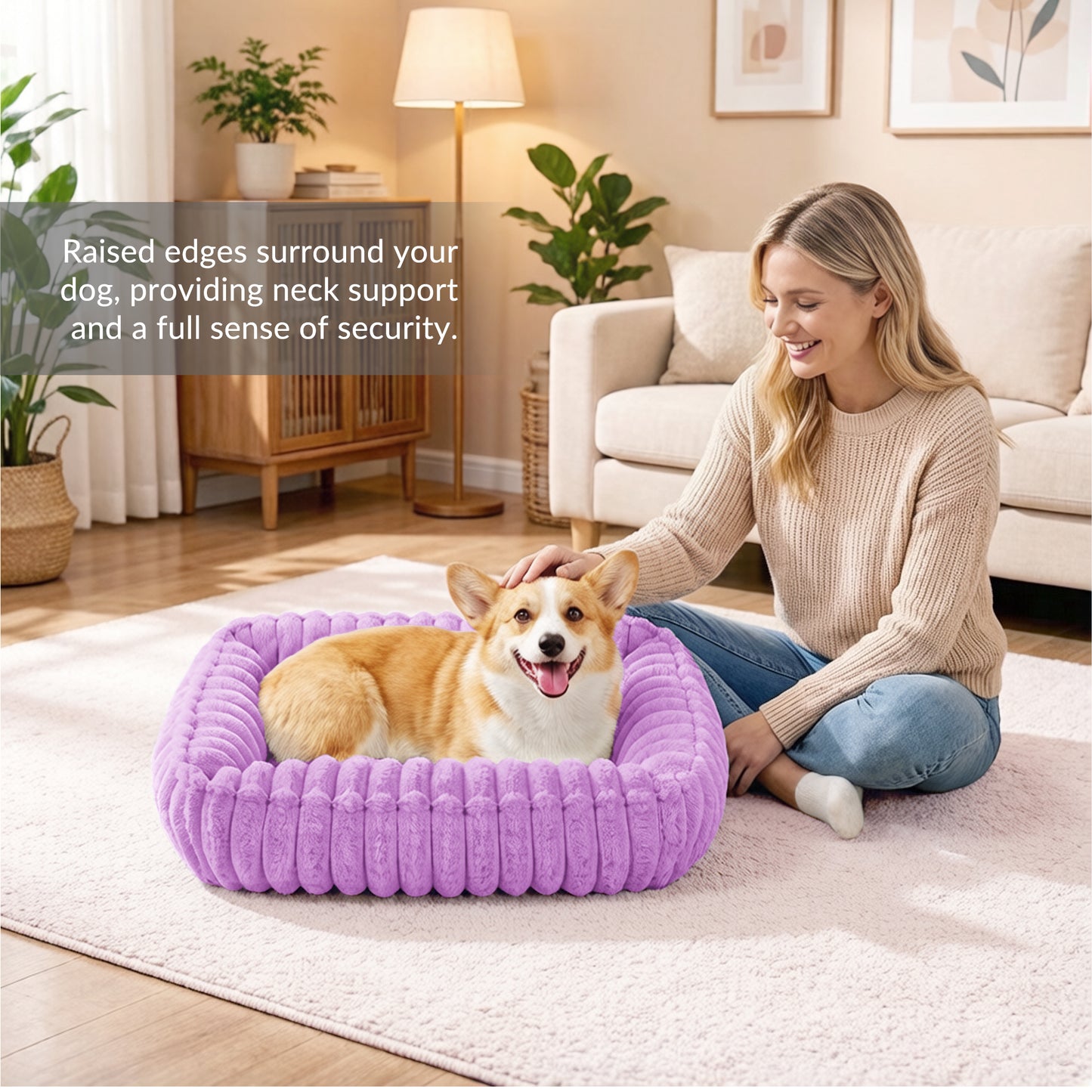 Exclusivo Mezcla Ribbed Plush Cuddler Dog Bed, 36"x28" Calming Pet Bed with Non-Slip Bottom for Large Dogs, Machine Washable, Purple