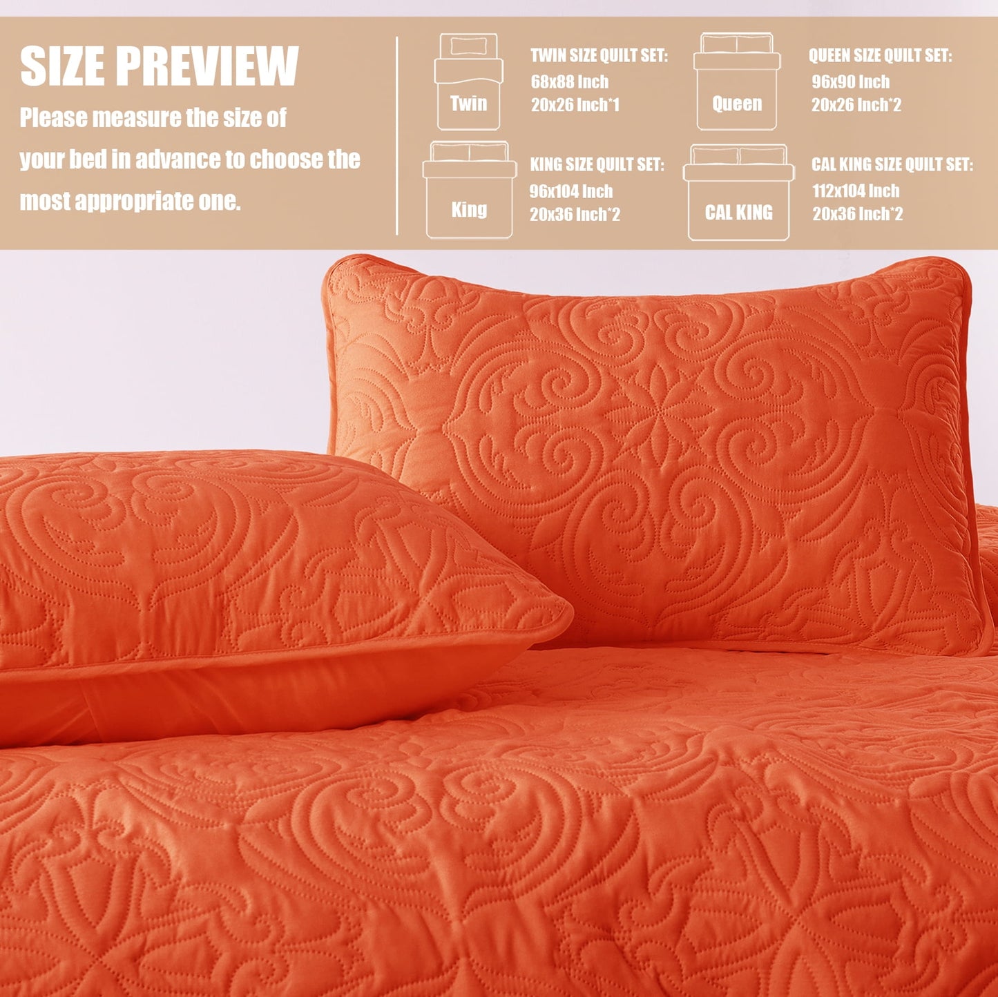 Exclusivo Mezcla King Quilt Bedding Set, Lightweight Vintage King Size Quilts with Pillow Shams, Soft Bedspreads Coverlets for All Seasons, (104"x96", Orange)