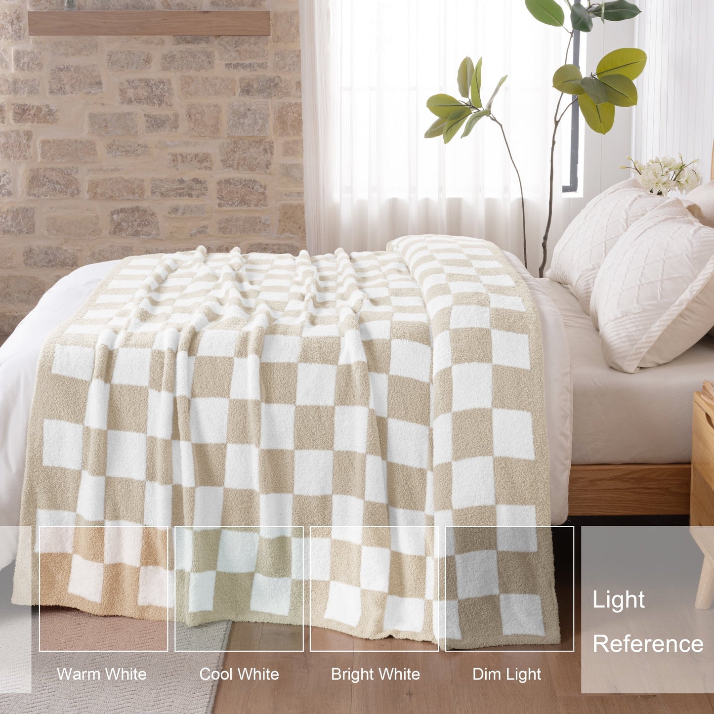 Exclusivo Mezcla Checkered Knit Blanket for Bed Queen Size, Ultra Soft Cozy Fluffy Blanket, Lightweight Fuzzy Throw for Couch and Bed, Khaki, 90"x90"