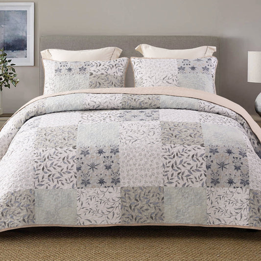 Exclusivo Mezcla Boho Bohemian Quilt Set King Size, Lightweight Patchwork Quilted Bedspread/Coverlet/Bed cover/Bedding set with colorful print pattern (Grey, 96x104)