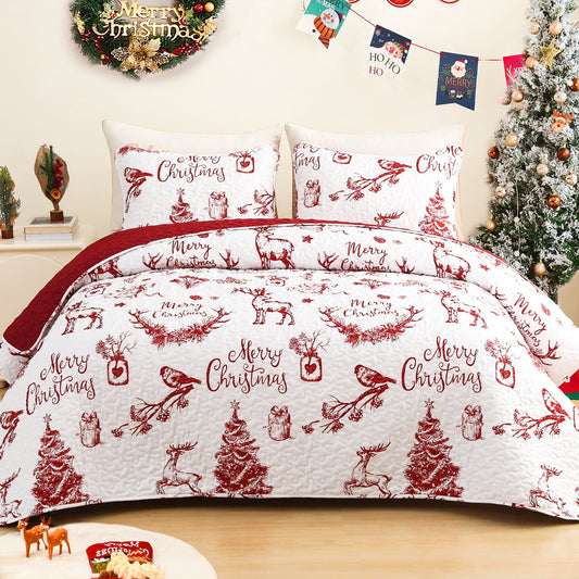 Exclusivo Mezcla Christmas Quilt Set King Size Bedding Set, Reversible White and Rust Red Bedspreads/ Coverlets with Christmas Trees Reindeer Wreaths Pattern, for Holiday Decoration and Gifts