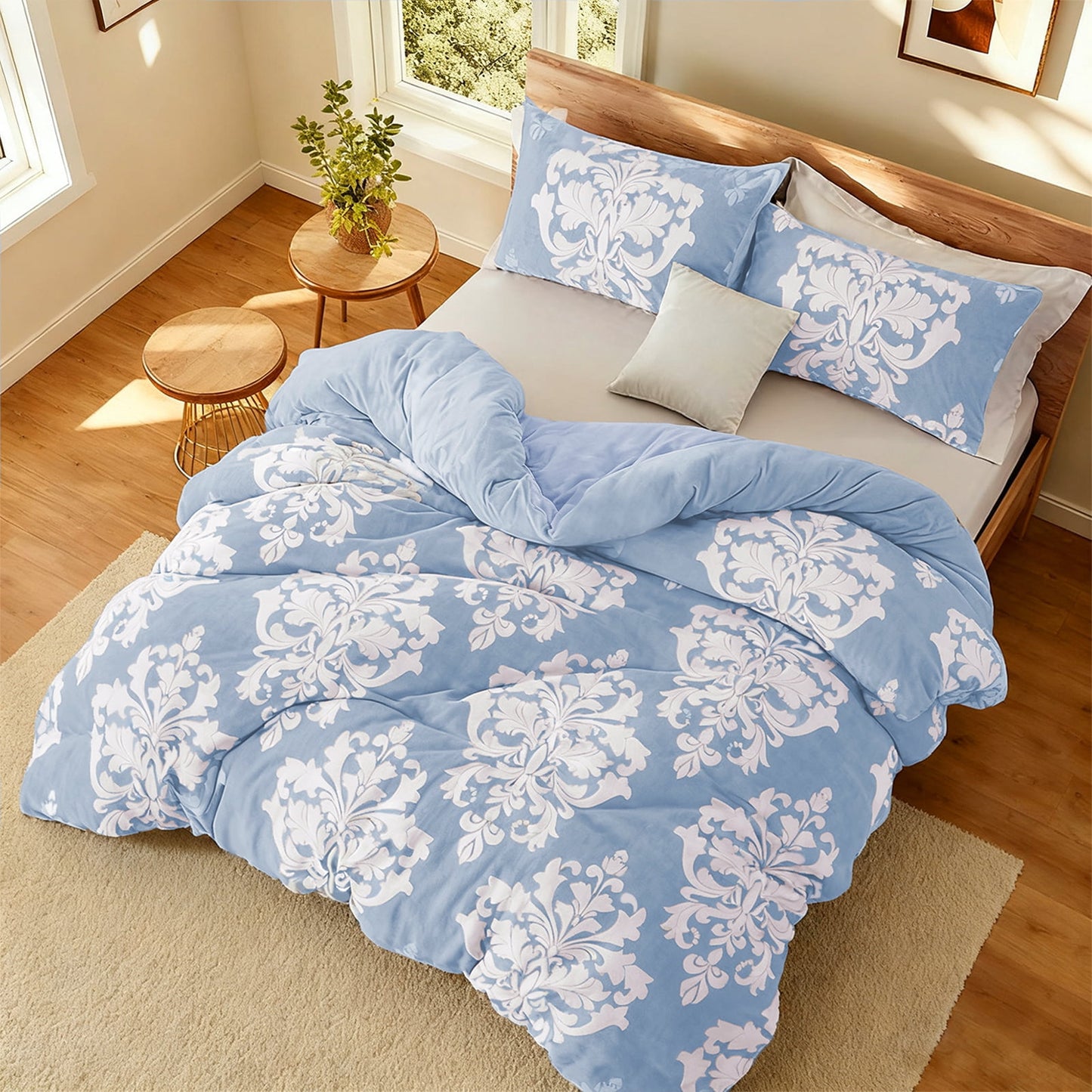 Exclusivo Mezcla Luxury Fuzzy Queen Comforter Set, 3 Pieces Boho Soft Warm Grayish Blue Comforters, Reversible Flannel Fluffy Bedding Comforter Sets for All Seasons