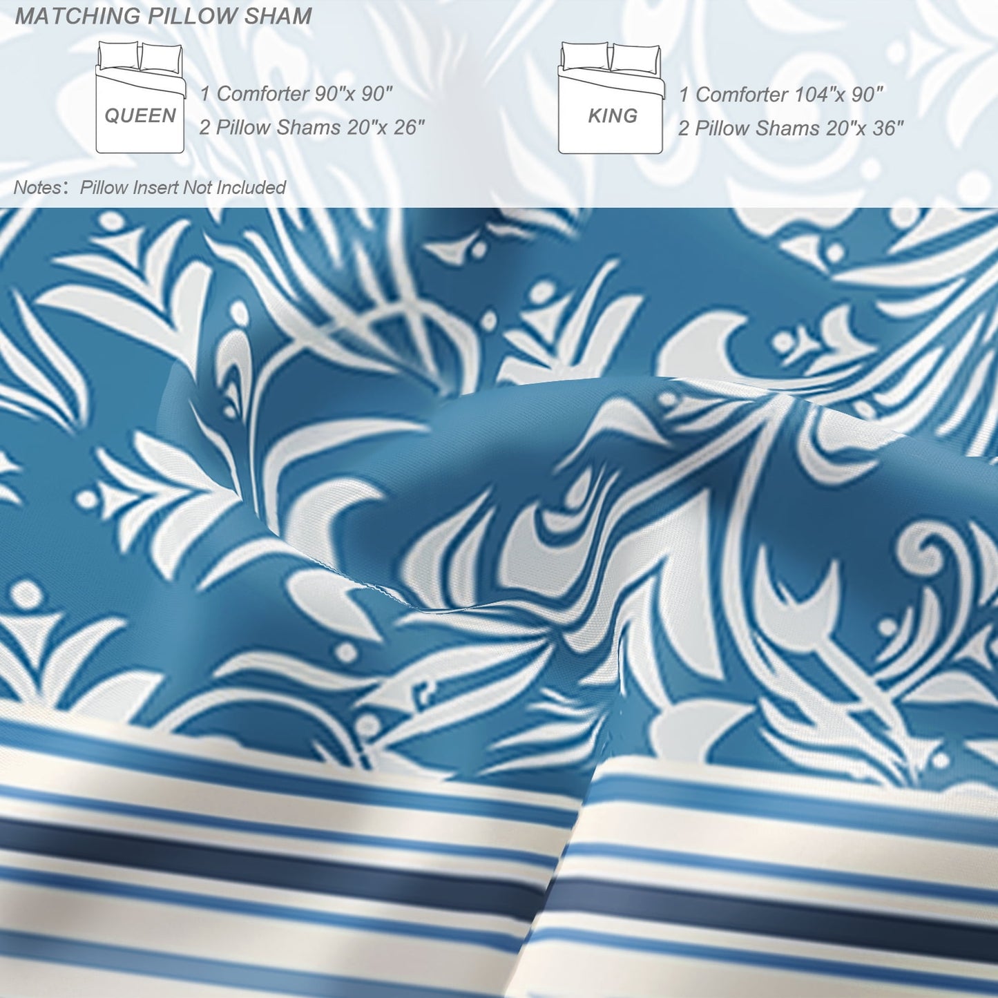 Exclusivo Mezcla 3-Piece Boho Striped King Size Comforter Set, Microfiber Bedding Down Alternative Comforter for All Seasons with 2 Pillow Shams, Blue