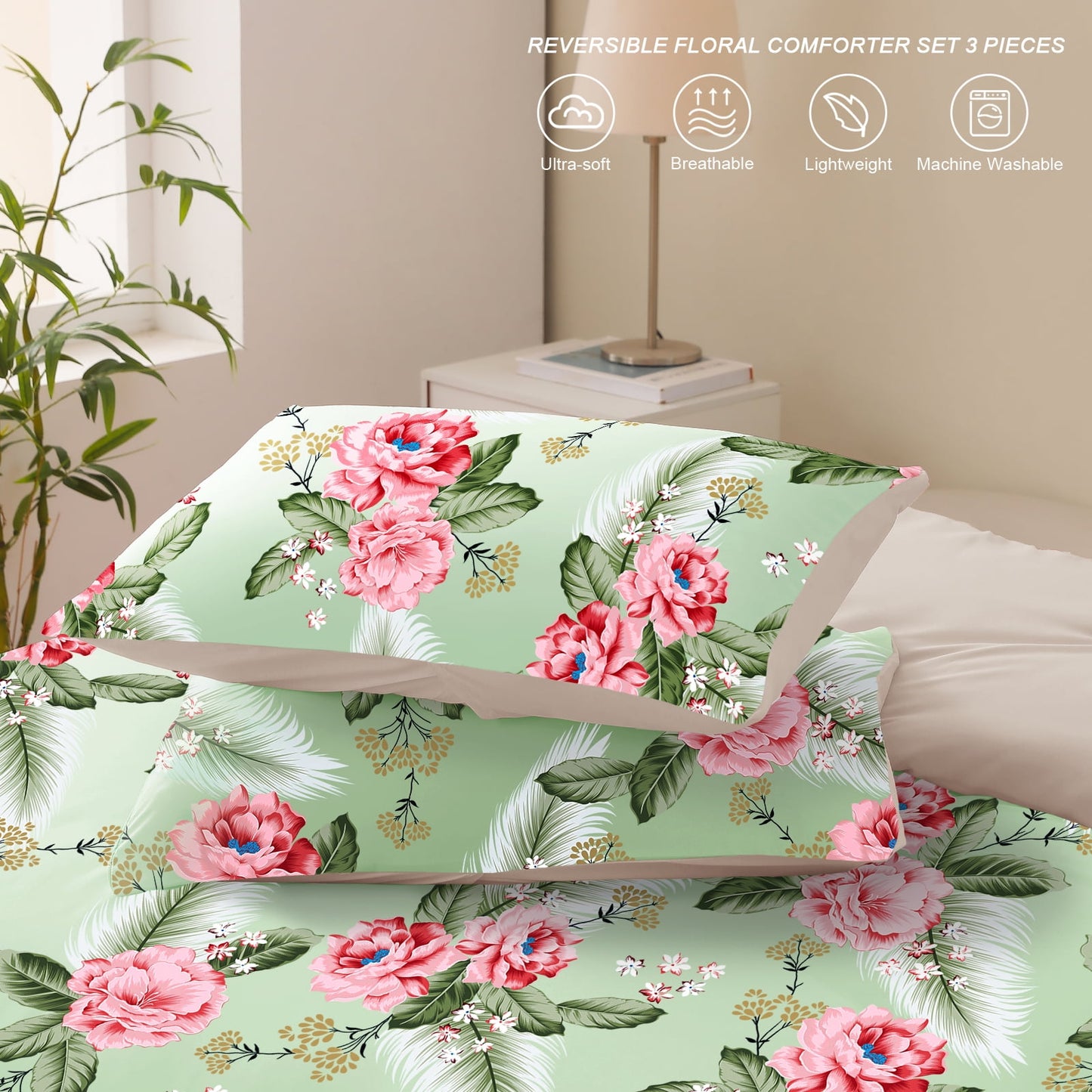 Exclusivo Mezcla 3-Piece Floral King Size Comforter Set, Microfiber Bedding Down Alternative Comforter for All Seasons with 2 Pillow Shams, Pink