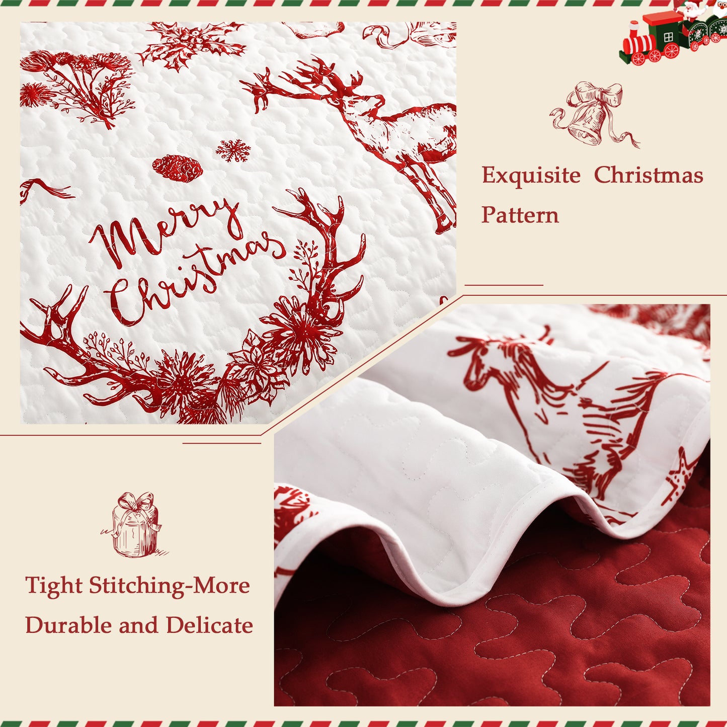 Exclusivo Mezcla Christmas Quilt Set King Size Bedding Set, Reversible White and Rust Red Bedspreads/ Coverlets with Christmas Trees Reindeer Wreaths Pattern, for Holiday Decoration and Gifts