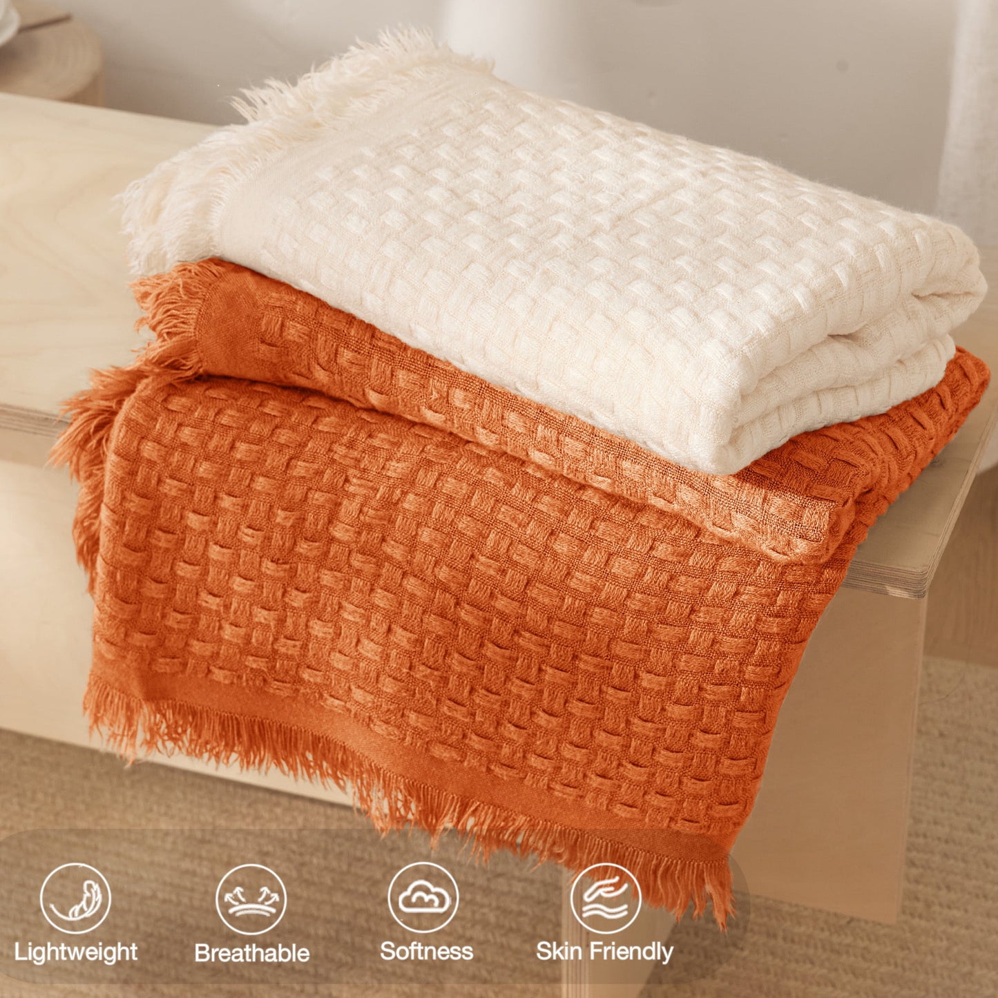 Exclusivo Mezcla Knitted Throw Blanket with Fringes for Couch, Soft and Warm Textured Throw for All Season, Lightweight Breathable Room Decor, Burnt Orange, 50??x60??,Exclusivo Mezcla"